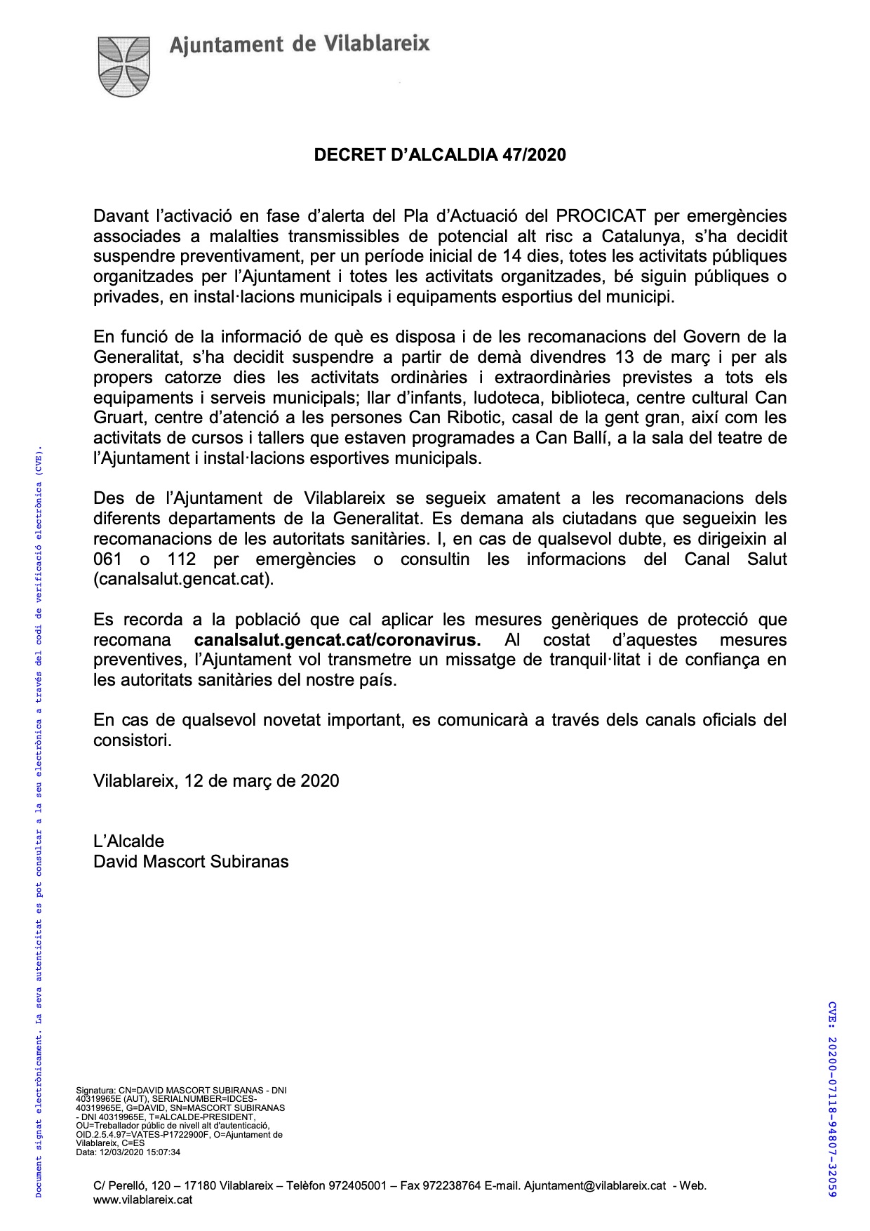 Noves mesures contra el coronavirus